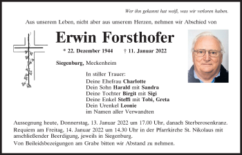 Traueranzeigen Von Erwin Forsthofer Mittelbayerische Trauer