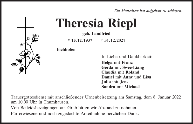 Traueranzeigen Von Theresia Riepl Mittelbayerische Trauer