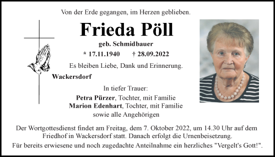 Traueranzeigen von Frieda Pöll Mittelbayerische Trauer