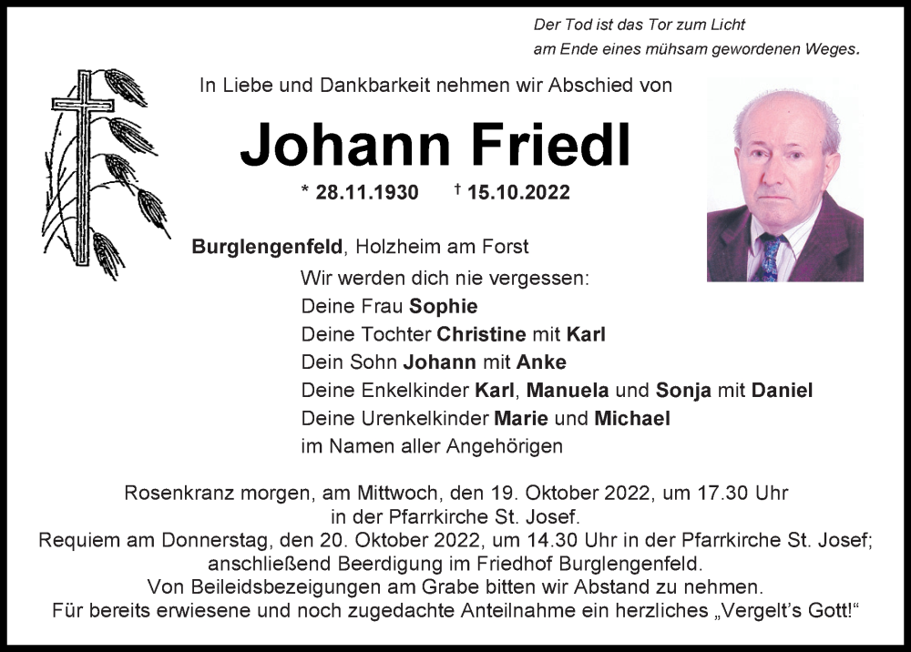 Traueranzeigen Von Johann Friedl Mittelbayerische Trauer