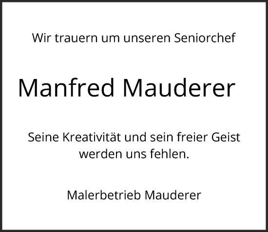 Traueranzeigen Von Manfred Mauderer Mittelbayerische Trauer