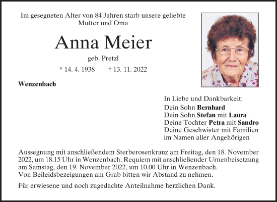 Traueranzeigen Von Anna Meier Mittelbayerische Trauer