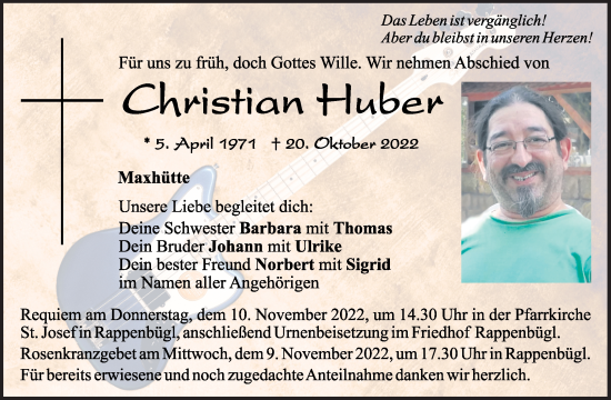 Traueranzeigen Von Christian Huber Mittelbayerische Trauer