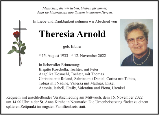 Traueranzeigen Von Theresia Arnold Mittelbayerische Trauer