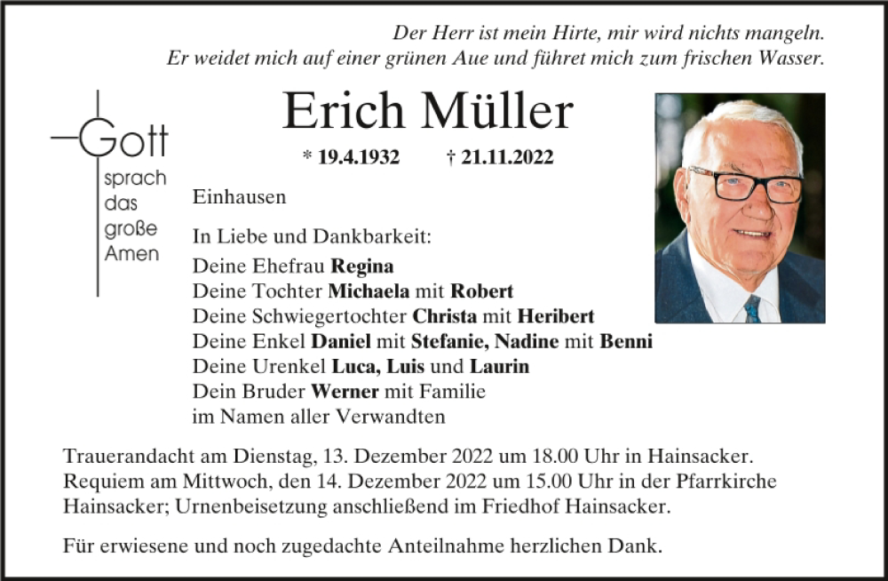 Traueranzeigen von Erich Müller Mittelbayerische Trauer