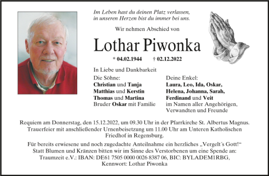 Traueranzeigen Von Lothar Piwonka Mittelbayerische Trauer