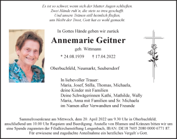 Traueranzeigen Von Annemarie Geitner Mittelbayerische Trauer