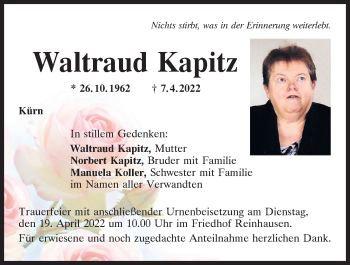 Traueranzeigen Von Waltraud Kapitz Mittelbayerische Trauer