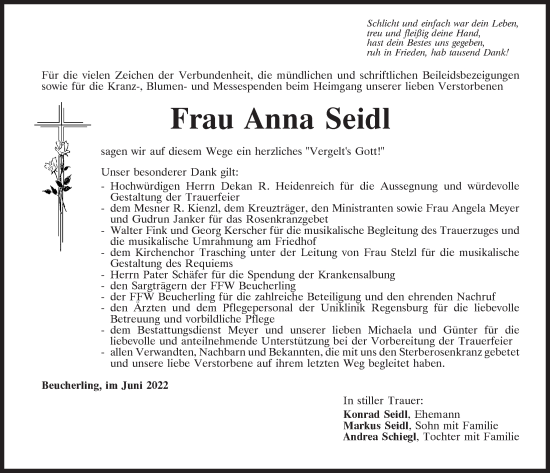 Traueranzeigen Von Anna Seidl Mittelbayerische Trauer