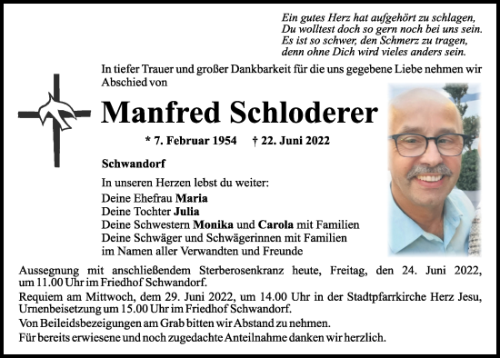 Traueranzeigen Von Manfred Schloderer Mittelbayerische Trauer