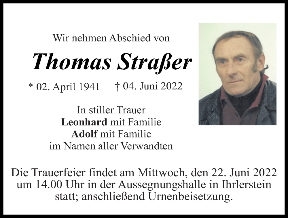 Traueranzeigen von Thomas Straßer Mittelbayerische Trauer