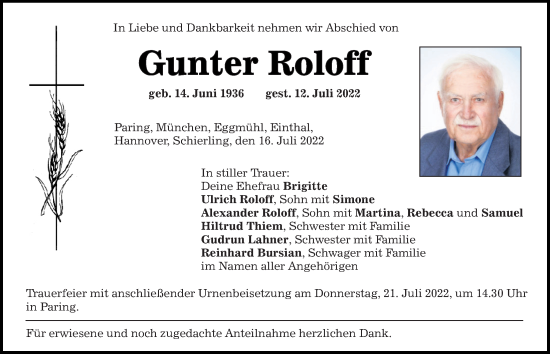 Traueranzeigen Von Gunter Roloff Mittelbayerische Trauer