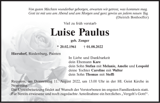 Traueranzeigen Von Luise Paulus Mittelbayerische Trauer