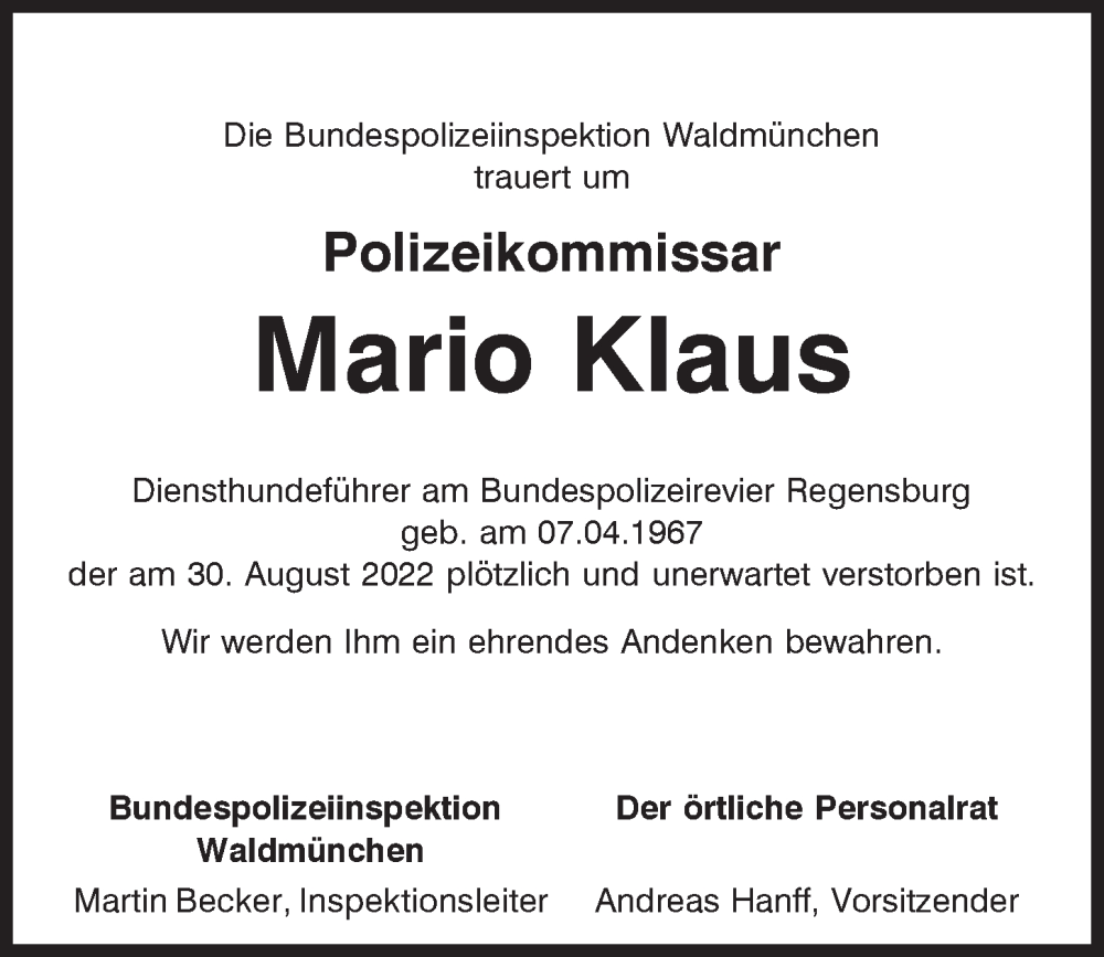 Traueranzeigen Von Mario Klaus Mittelbayerische Trauer