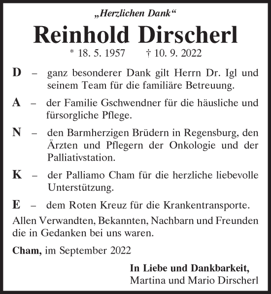 Traueranzeigen Von Reinhold Dirscherl Mittelbayerische Trauer