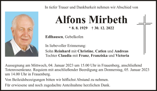 Traueranzeigen Von Alfons Mirbeth Mittelbayerische Trauer