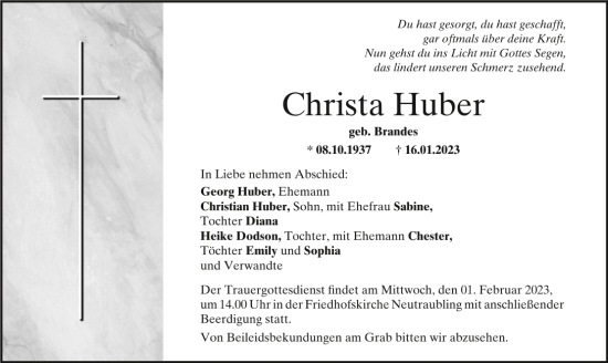 Traueranzeigen Von Christa Huber Mittelbayerische Trauer