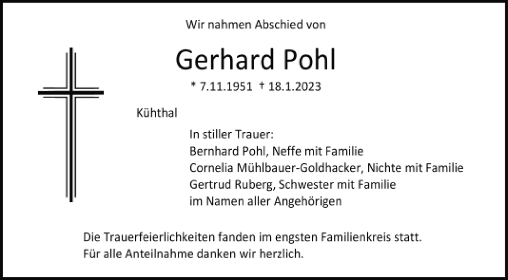 Traueranzeigen Von Gerhard Pohl Mittelbayerische Trauer