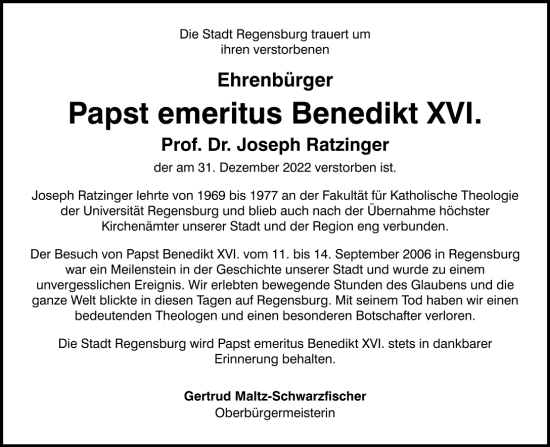 Traueranzeigen Von Prof Dr Joseph Ratzinger Mittelbayerische Trauer