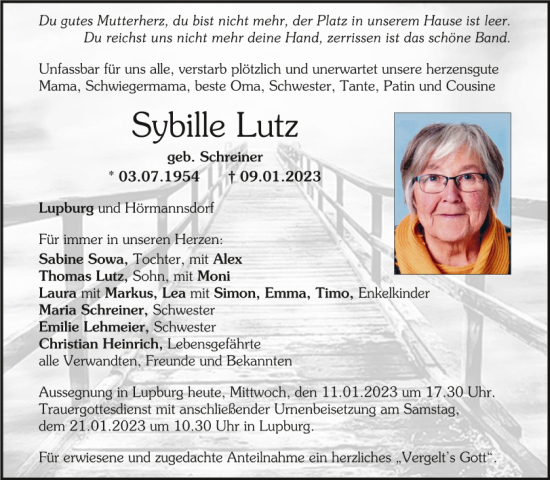 Traueranzeigen Von Sybille Lutz Mittelbayerische Trauer