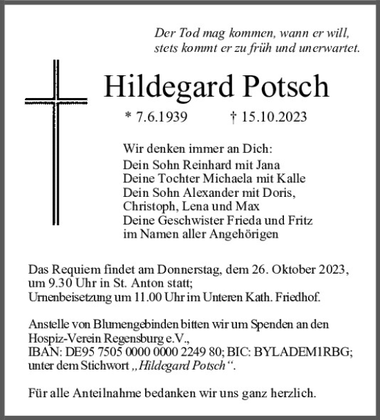 Traueranzeigen Von Hildegard Potsch Mittelbayerische Trauer