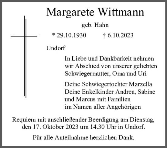 Traueranzeigen Von Margarete Wittmann Mittelbayerische Trauer