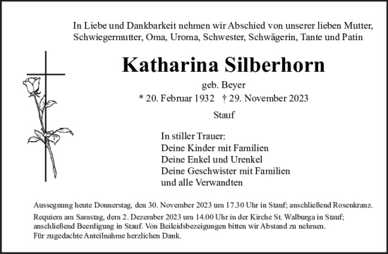 Traueranzeigen Von Katharina Silberhorn Mittelbayerische Trauer