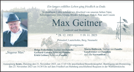 Traueranzeigen Von Max Geitner Mittelbayerische Trauer