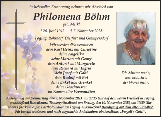 Traueranzeigen von Philomena Böhm Mittelbayerische Trauer