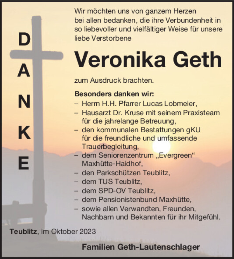 Traueranzeigen Von Veronika Geth Mittelbayerische Trauer