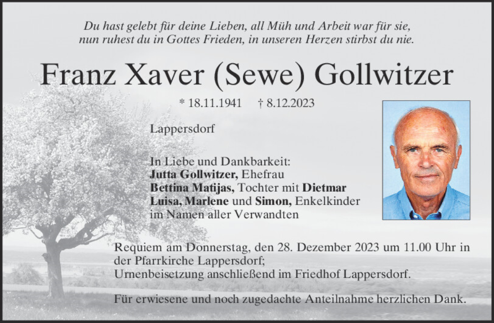 Traueranzeigen Von Franz Xaver Gollwitzer Mittelbayerische Trauer