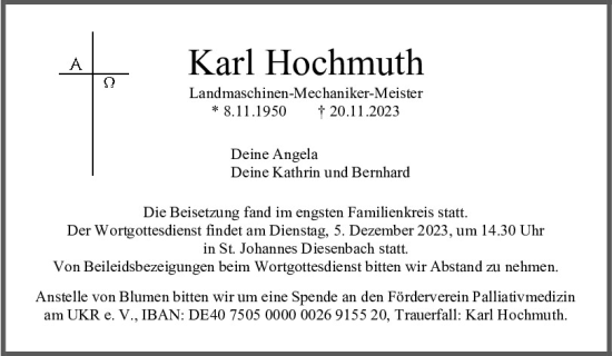 Traueranzeigen Von Karl Hochmuth Mittelbayerische Trauer