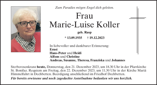 Traueranzeigen Von Marie Luise Koller Mittelbayerische Trauer