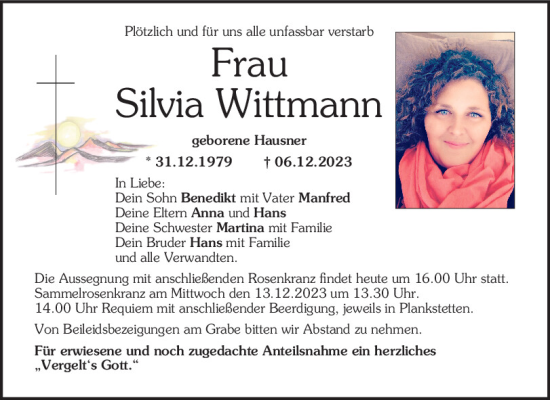 Traueranzeigen Von Silvia Wittmann Mittelbayerische Trauer