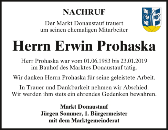 Traueranzeigen Von Erwin Prohaska Mittelbayerische Trauer