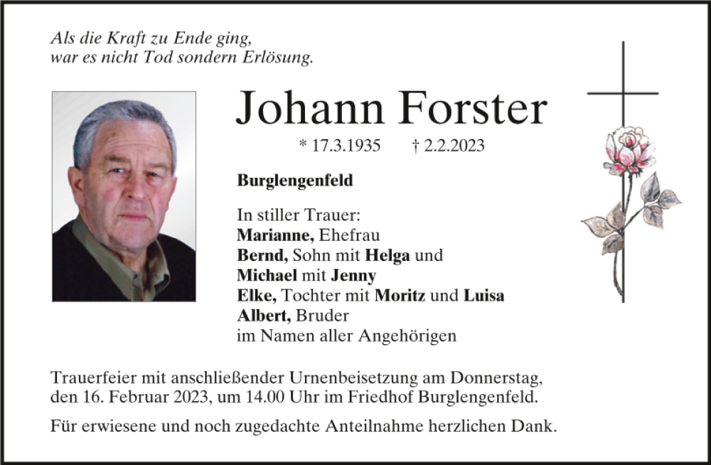 Traueranzeigen Von Johann Forster Mittelbayerische Trauer