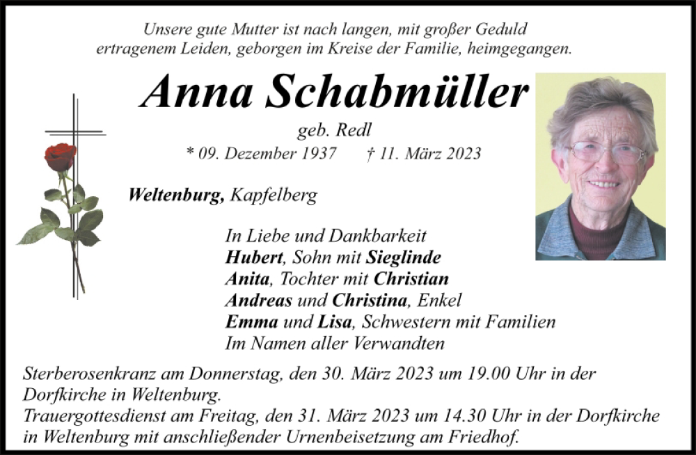 Traueranzeigen von Anna Schabmüller Mittelbayerische Trauer