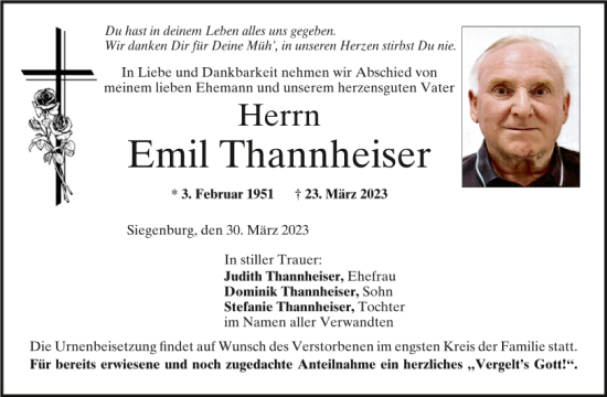 Traueranzeigen Von Emil Thannheiser Mittelbayerische Trauer