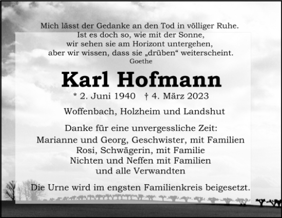 Traueranzeigen Von Karl Hofmann Mittelbayerische Trauer