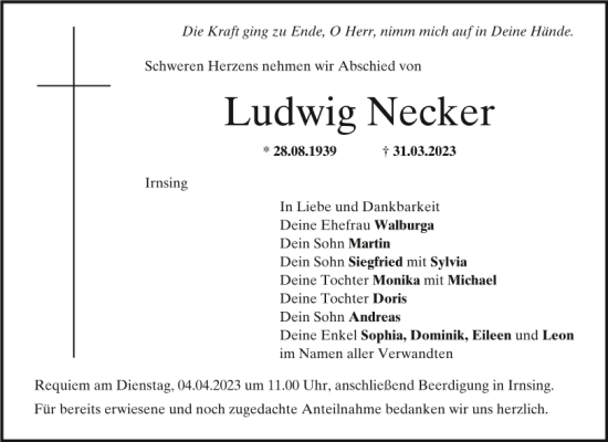 Traueranzeigen Von Ludwig Necker Mittelbayerische Trauer