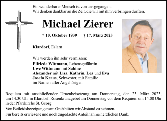 Traueranzeigen Von Michael Zierer Mittelbayerische Trauer