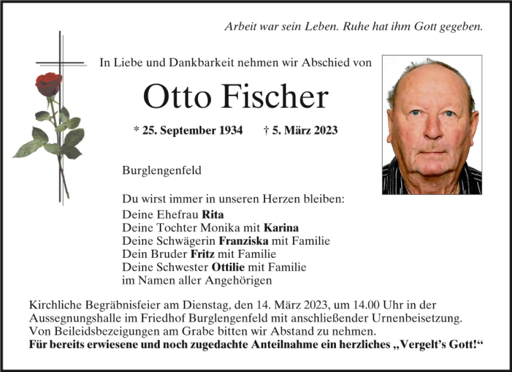 Traueranzeigen Von Otto Fischer Mittelbayerische Trauer