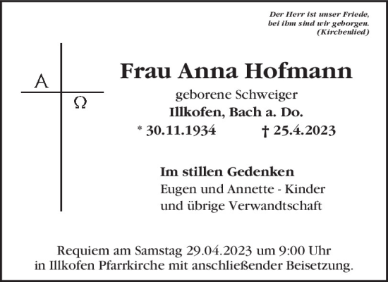 Traueranzeigen Von Anna Hofmann Mittelbayerische Trauer