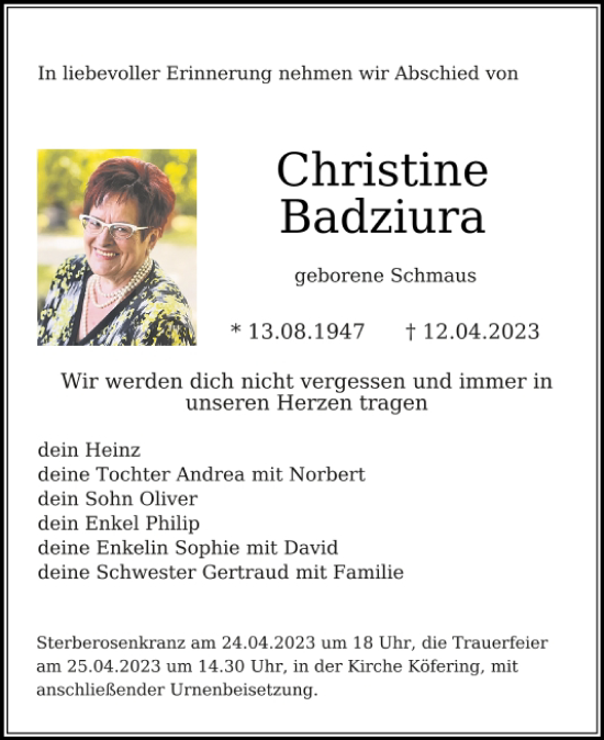 Traueranzeigen Von Christine Badziura Mittelbayerische Trauer