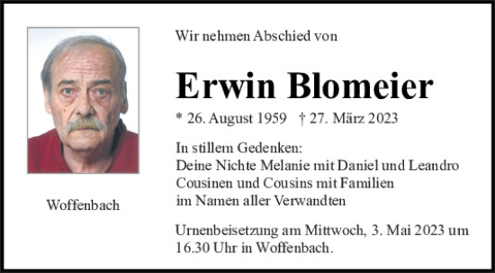 Traueranzeigen Von Erwin Blomeier Mittelbayerische Trauer