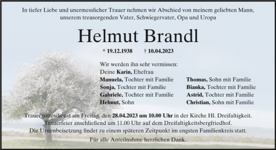 Traueranzeigen Von Helmut Brandl Mittelbayerische Trauer