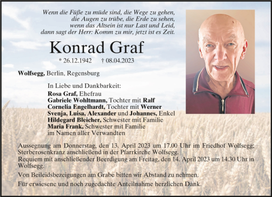 Traueranzeigen Von Konrad Graf Mittelbayerische Trauer