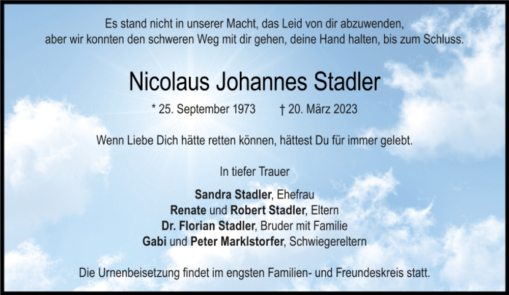 Traueranzeigen Von Nicolaus Johannes Stadler Mittelbayerische Trauer