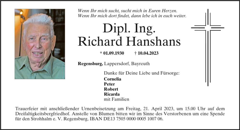 Traueranzeigen Von Dipl Ing Richard Hanshans Mittelbayerische Trauer