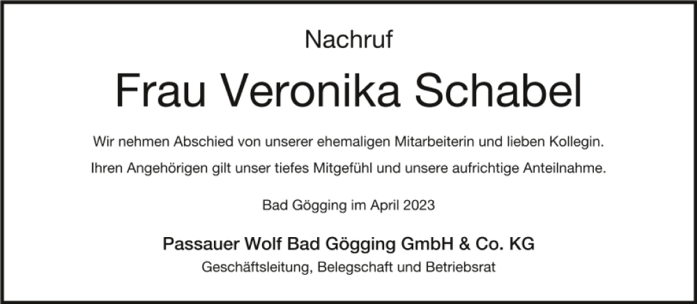 Traueranzeigen Von Veronika Schabel Mittelbayerische Trauer